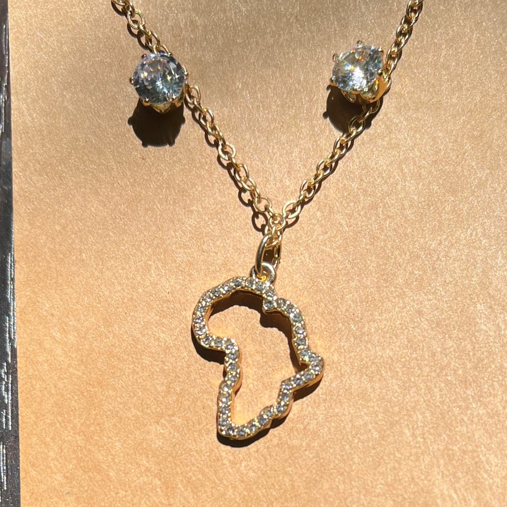 Necklace with crystal trim Africa continent charm and clear crystal earrings